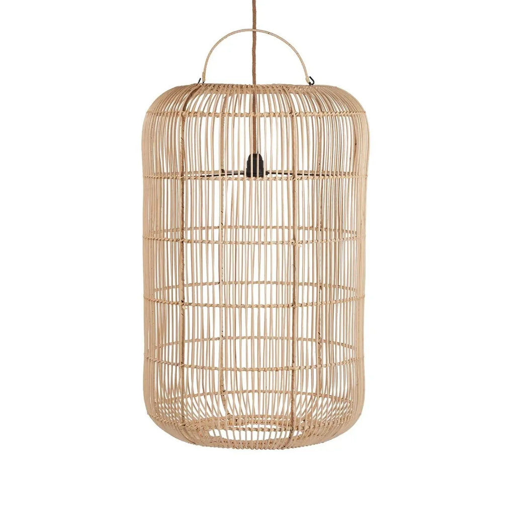 Suspension en rotin tressé beige cylindrique avec anse, diametre 50 cm