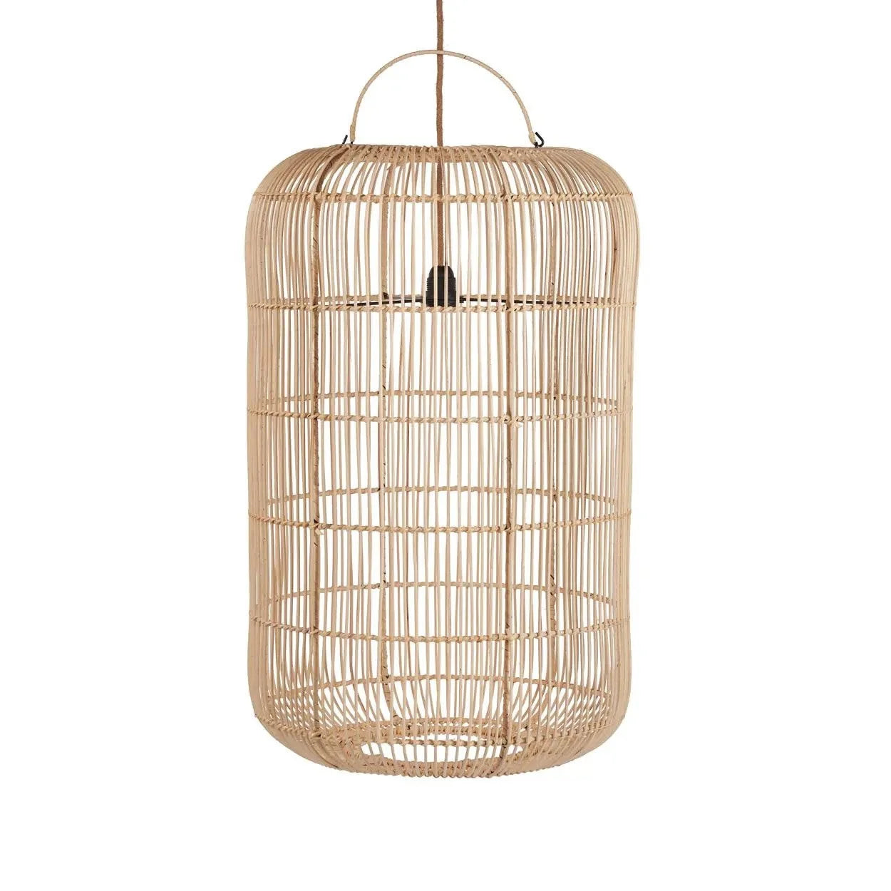 Suspension en rotin tressé beige cylindrique avec anse, diametre 50 cm