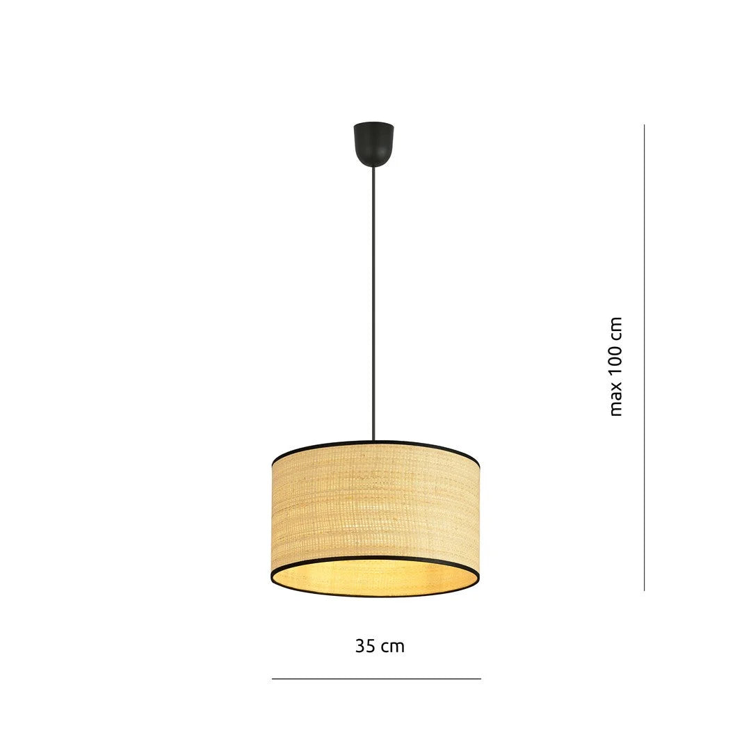 Suspension en rotin tressé beige avec bordure noire et doublure or, Ø35 cm