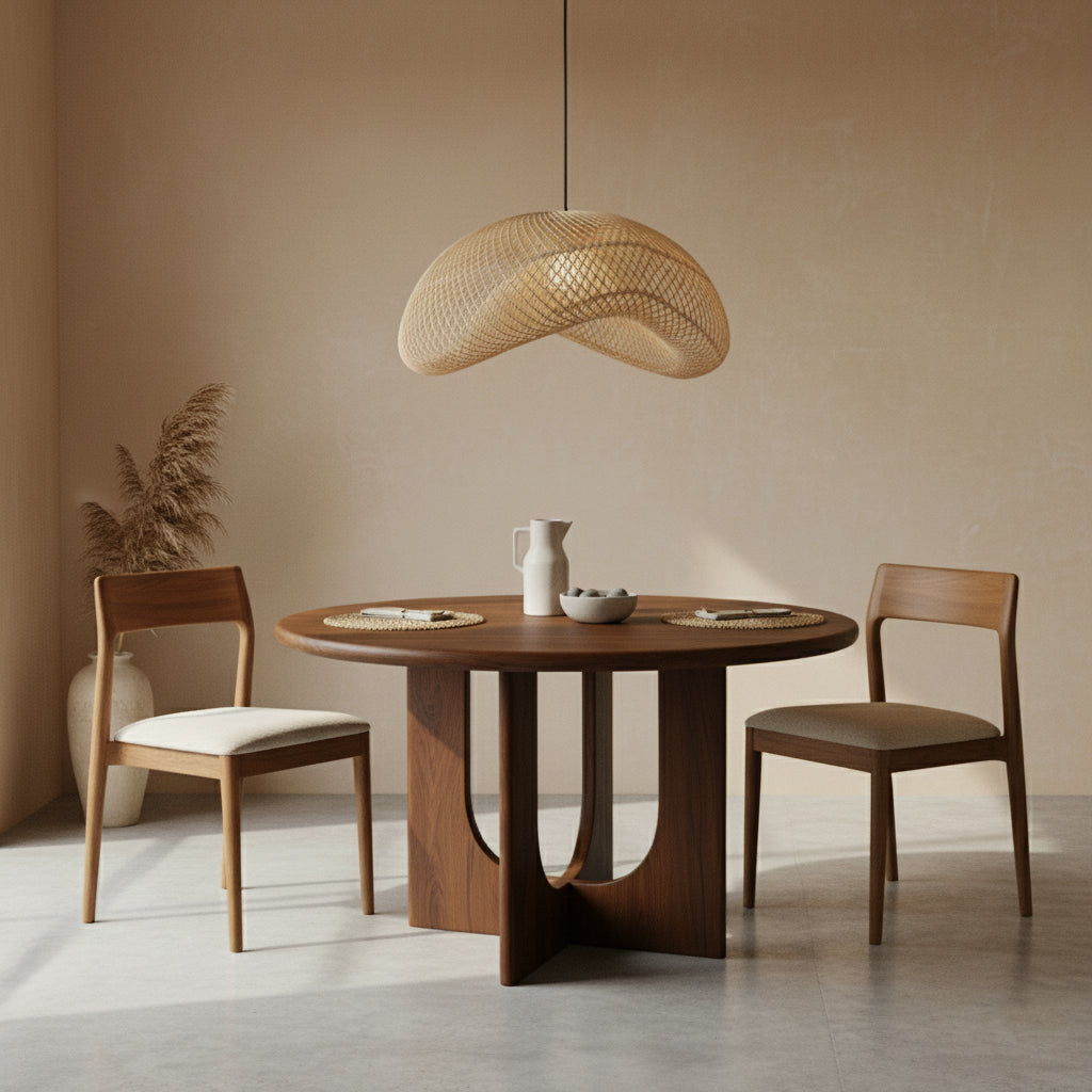 Table à manger en bois chaleureux avec base moderne et deux chaises assorties