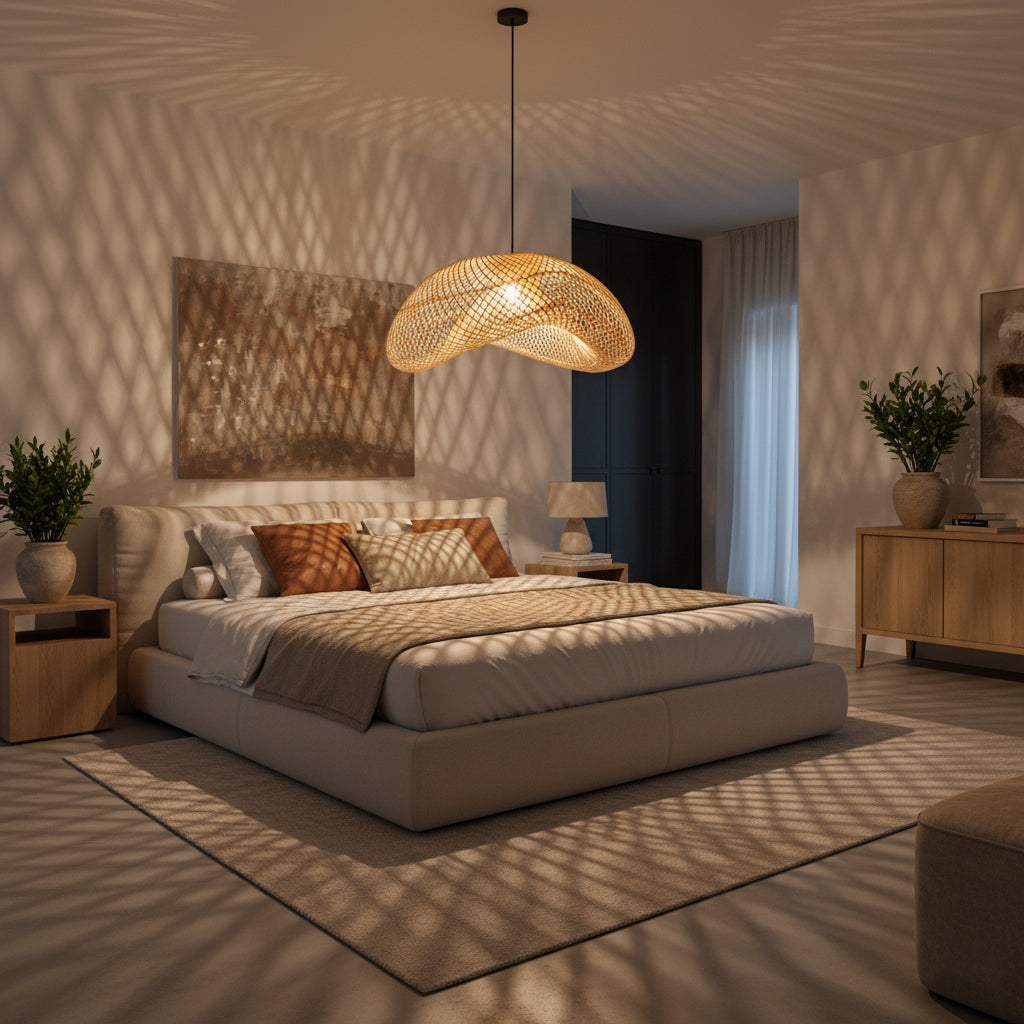 Suspension en rotin tressé beige organique Ø75 cm à lueur dorée