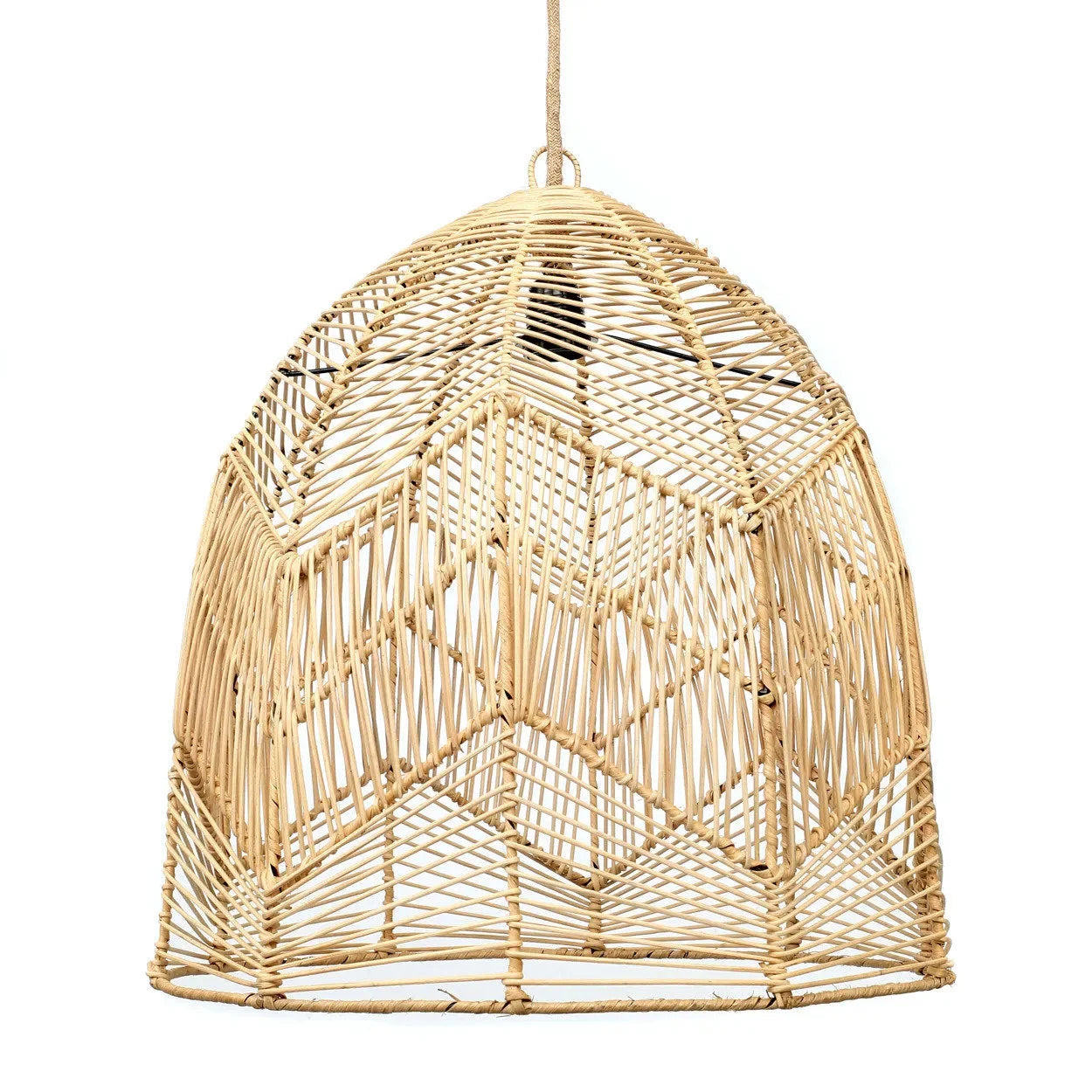 Suspension en rotin tressé naturel forme de cloche avec motif géométrique design