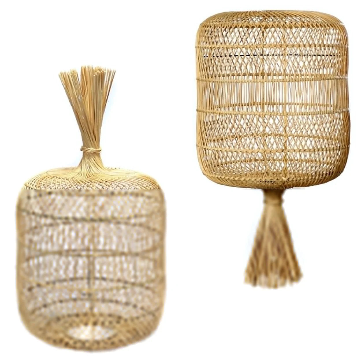 Suspension en rotin tressé naturel cylindrique de 70 cm avec deux luminaires suspendus