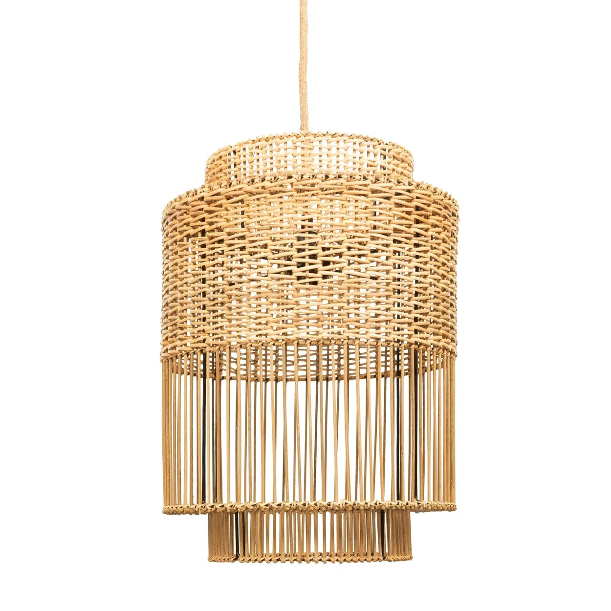 Lustre en rotin tressé naturel suspendu avec plusieurs niveaux, diamètre 30 cm