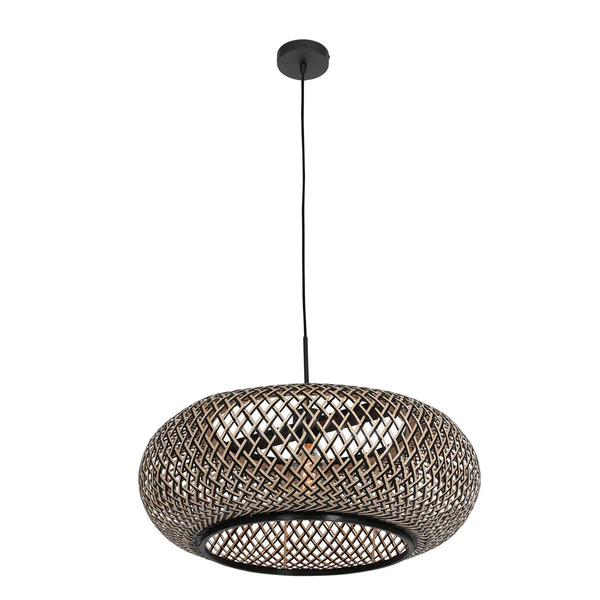 Suspension en rotin tressé noir et bois clair avec luminaire en pendentif ovale