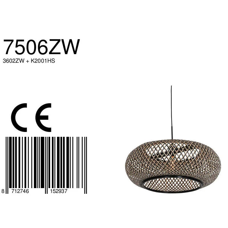 Suspension en rotin tressé noir et bois clair avec luminaire pendentif ovale de 60 cm