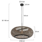 Suspension en rotin tressé noir et bois clair de Ø60 cm avec dimensions détaillées