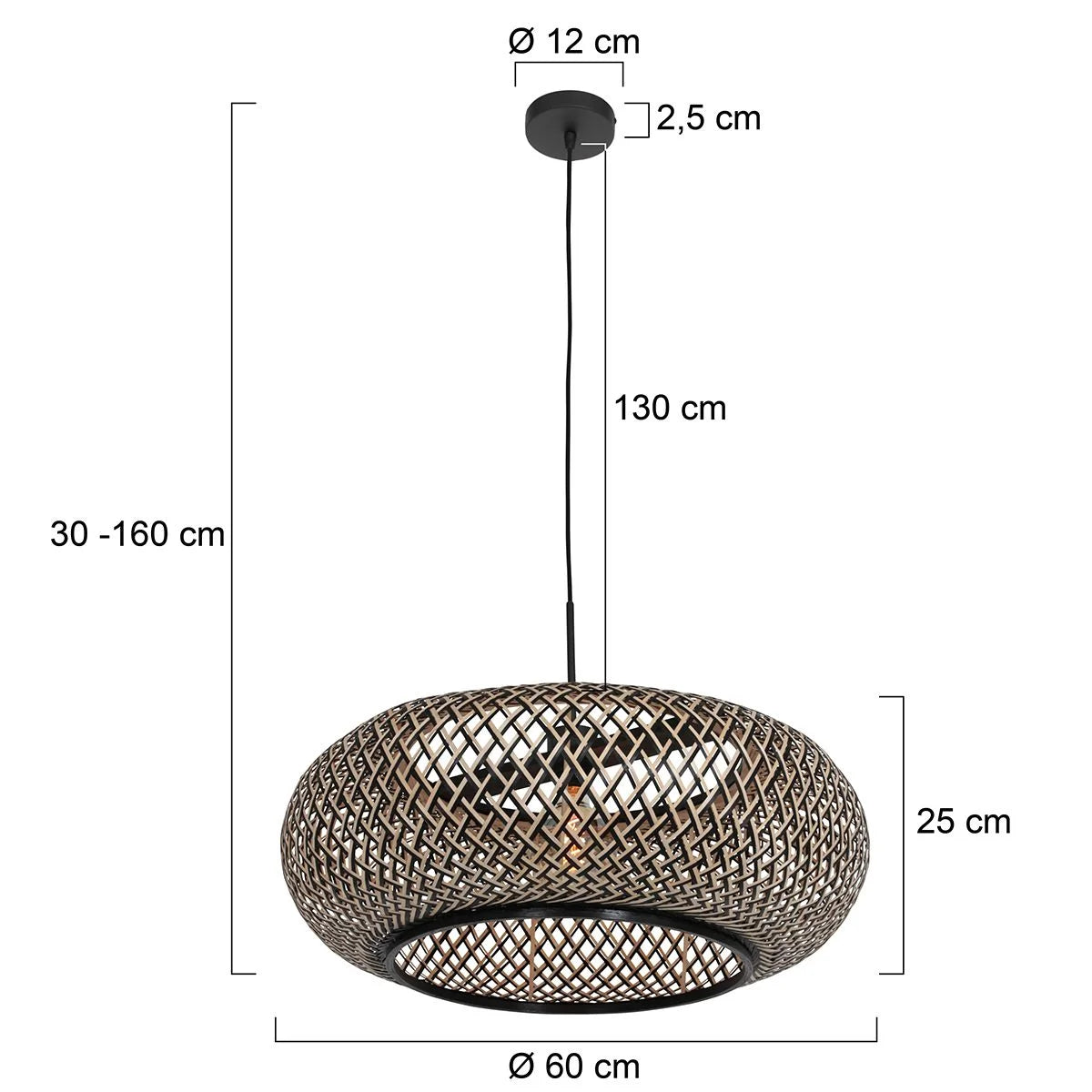 Suspension en rotin tressé noir et bois clair de Ø60 cm avec dimensions détaillées