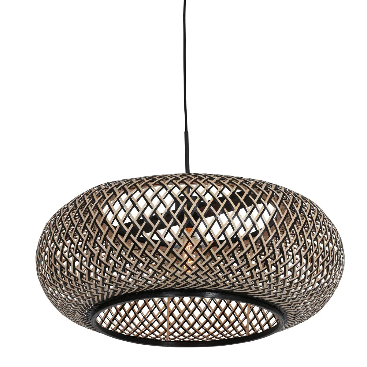 Lampe suspendue en rotin tressé rond ovale noir et bois clair de 60 cm