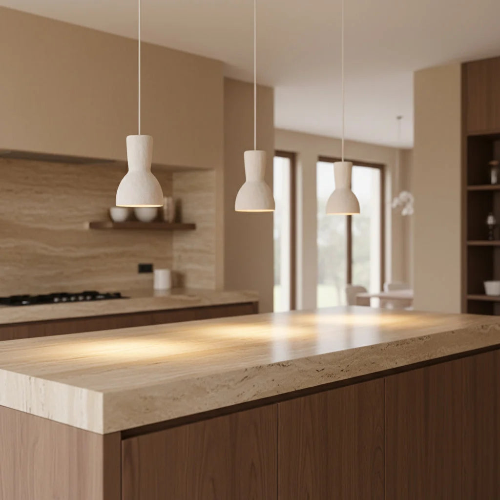 Trois suspensions sablier plâtre blanc cassé texturé au-dessus îlot cuisine