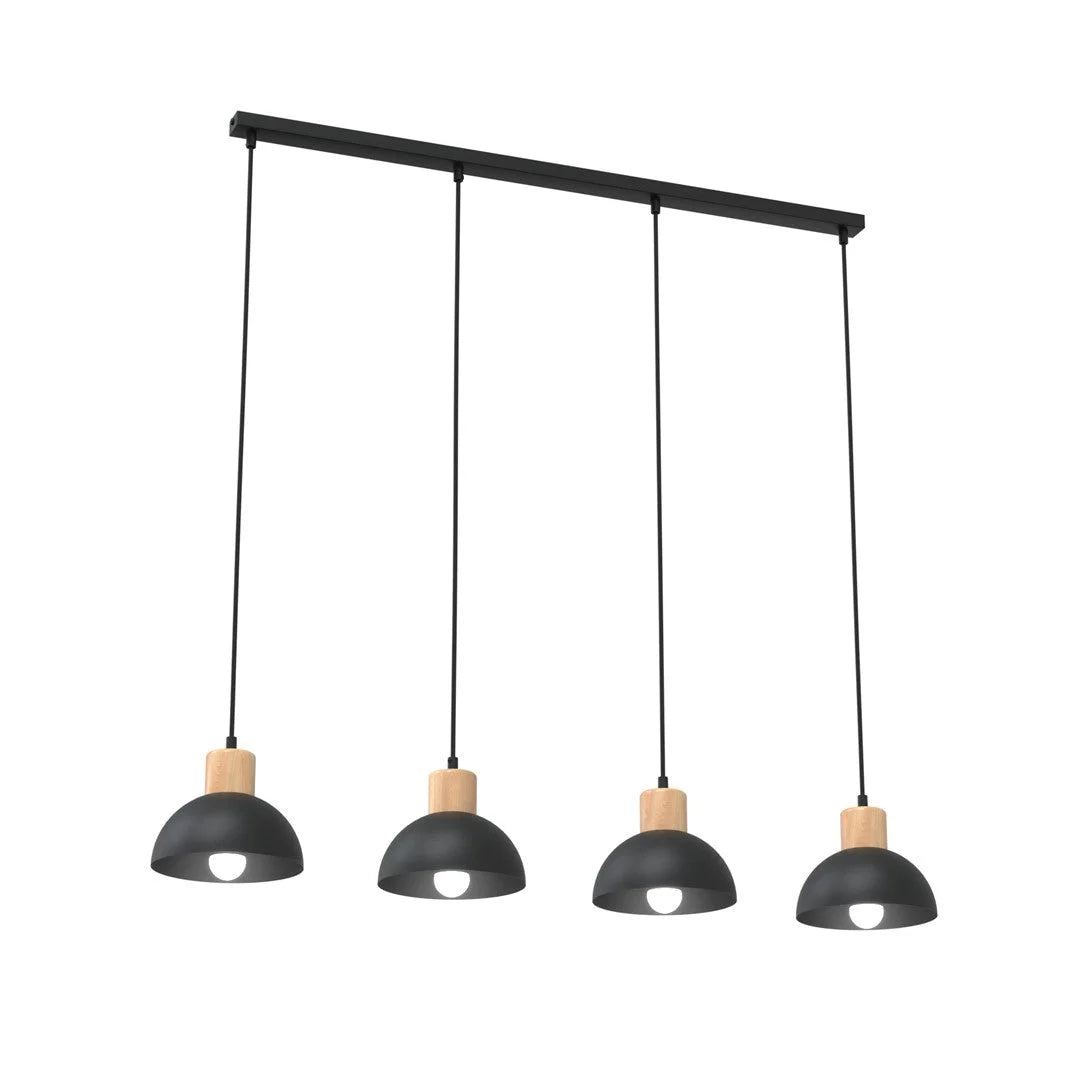 Suspension scandinave noire et bois 4 lumières en métal 90x4 cm