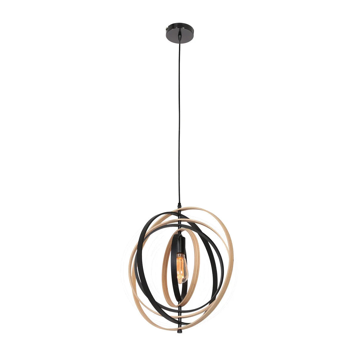 Luminaire suspension sphérique en bois et métal noir avec cerceaux entrelacés Ø45 cm