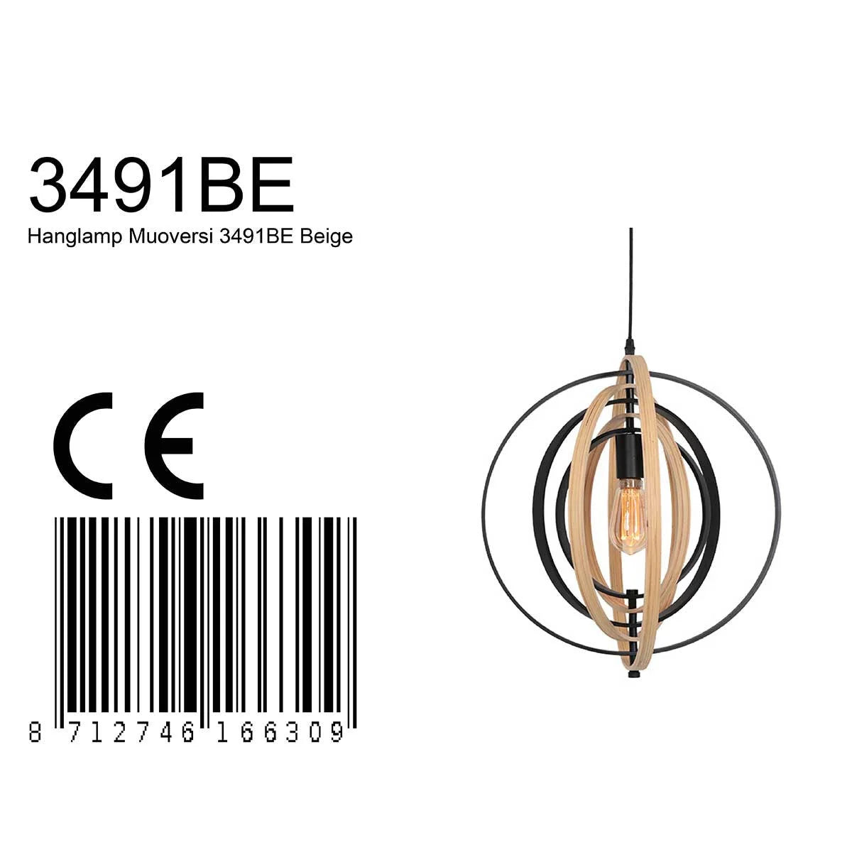 Suspension sphérique en bois et métal noir avec lampes noires et beiges, diamètre 45 cm