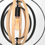 Suspension sphérique en bois et métal noir avec cerceaux entrelacés, diamètre 45 cm