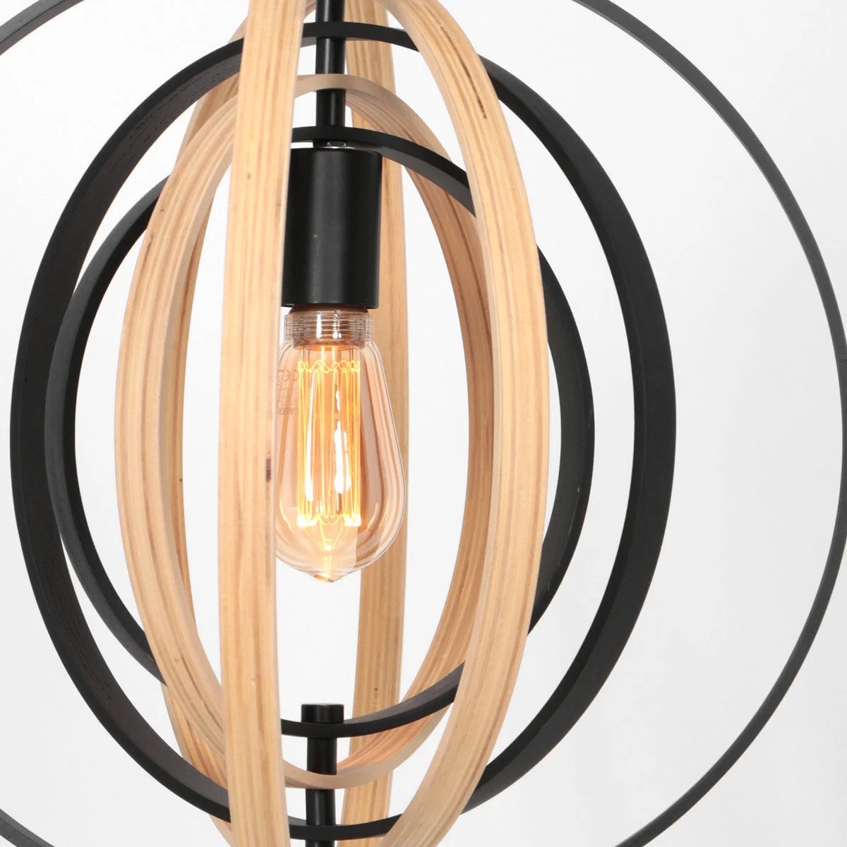 Suspension sphérique en bois et métal noir avec cerceaux entrelacés, diamètre 45 cm