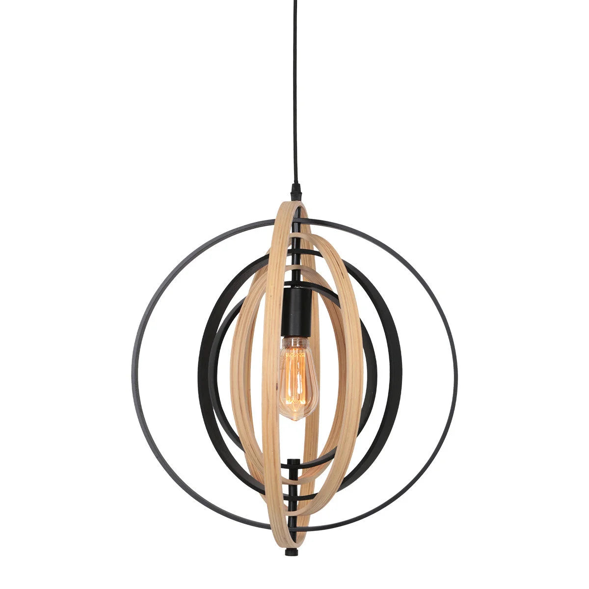 Suspension sphérique en bois et métal noir avec entrelacs, diamètre 45 cm