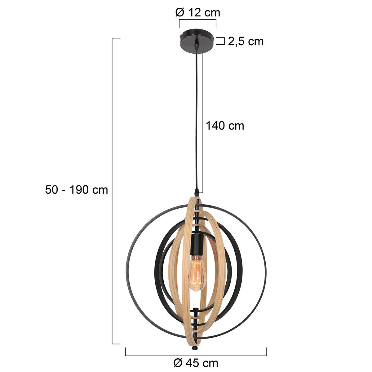 Suspension sphérique bois et métal noir cerceaux entrelacés Ø45 cm, luminaire moderne