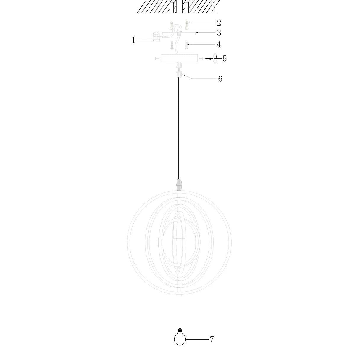 Schéma de fixation de suspension sphérique bois et métal noir, Ø45 cm