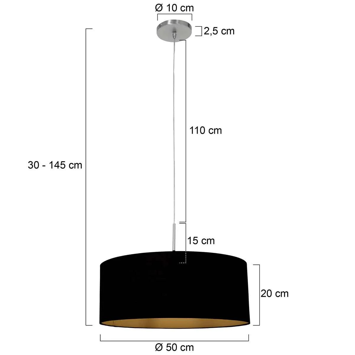 Suspension tambour tissu noir avec intérieur doré, hauteur adjustable, métal brossé