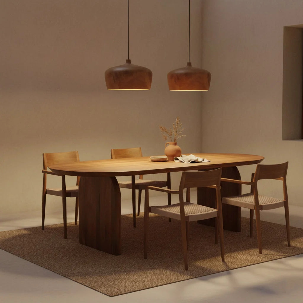 Table basse en teck naturel dôme arrondi Ø30 cm, tons chauds modernes