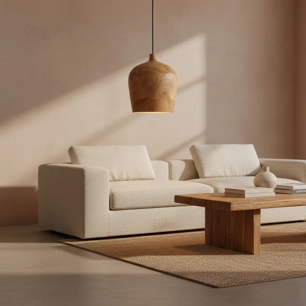 Lampe pendentif en teck naturel forme bouteille, Ø25x28 cm, ton chaud