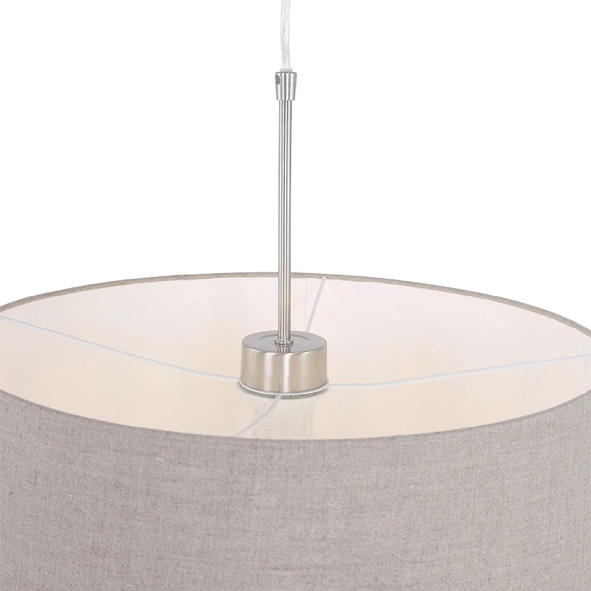 Suspension tissu beige abat-jour évasé en métal brossé avec support en nickel brillant
