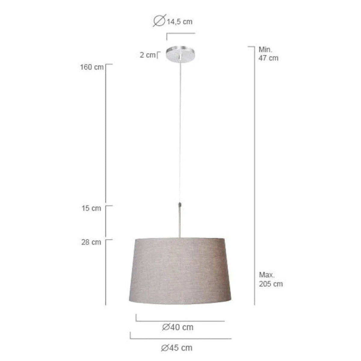 Suspension tissu beige abat-jour évasé en métal brossé avec hauteur ajustable