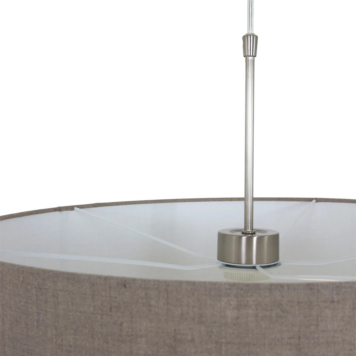 Suspension tissu beige effet lin cylindre avec hardware en nickel brossé Ø50 cm