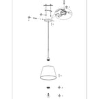Diagram éclaté d’un luminaire à suspension tissu beige effet lin cylindre nickel brossé Ø50 cm