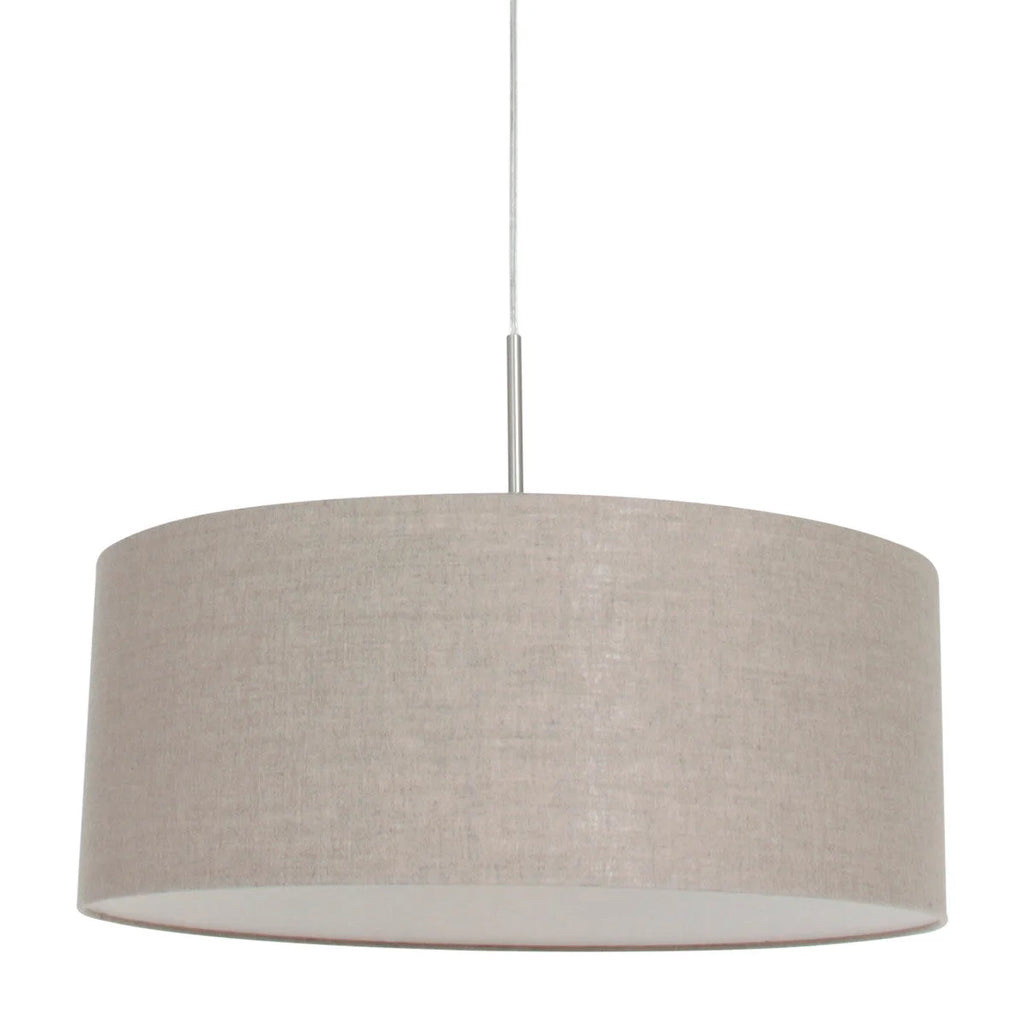 Suspension tissu beige effet lin cylindre nickel brossé Ø50 cm, luminaire en tissu beige