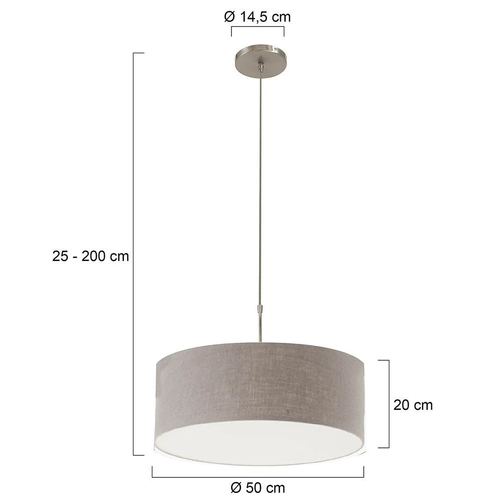 Suspension tissu beige effet lin cylindre nickel brossé avec hauteur ajustable, Ø50 cm