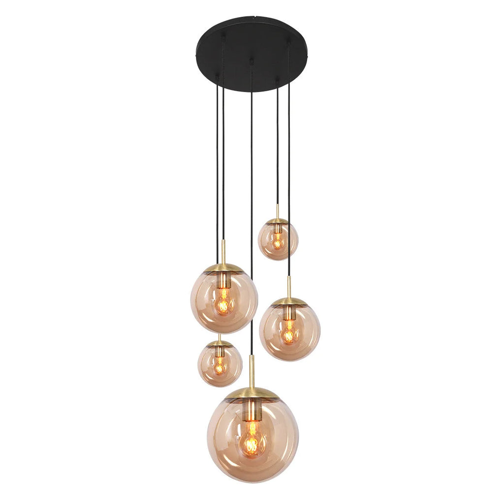 Suspension verre ambré et laiton multiglobes pour hauts plafonds avec plusieurs ampoules