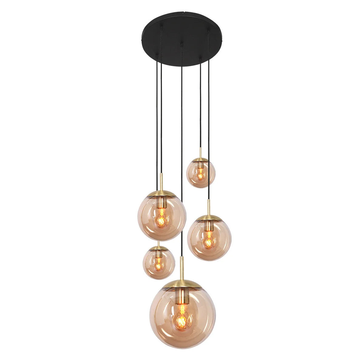 Suspension verre ambré et laiton multiglobes pour hauts plafonds avec plusieurs ampoules