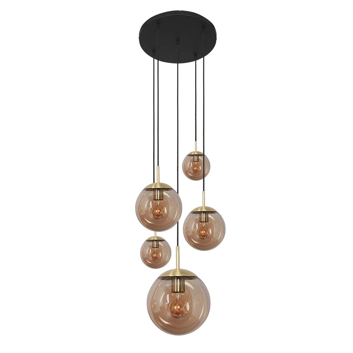 Suspension en verre ambré et laiton avec cinq globes pour hauts plafonds