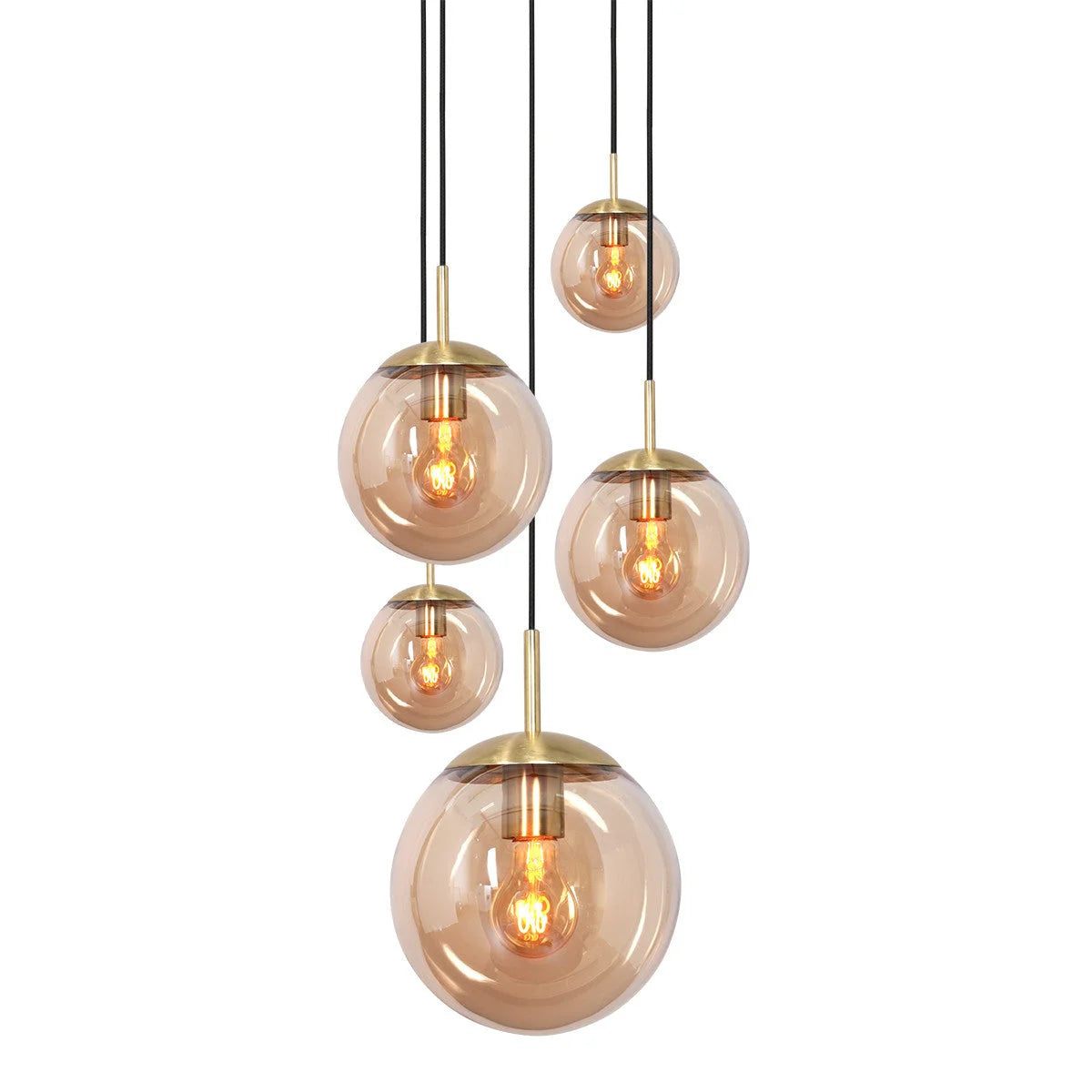 Cluster de globes en verre ambré et laiton pour hauts plafonds avec cinq lampes