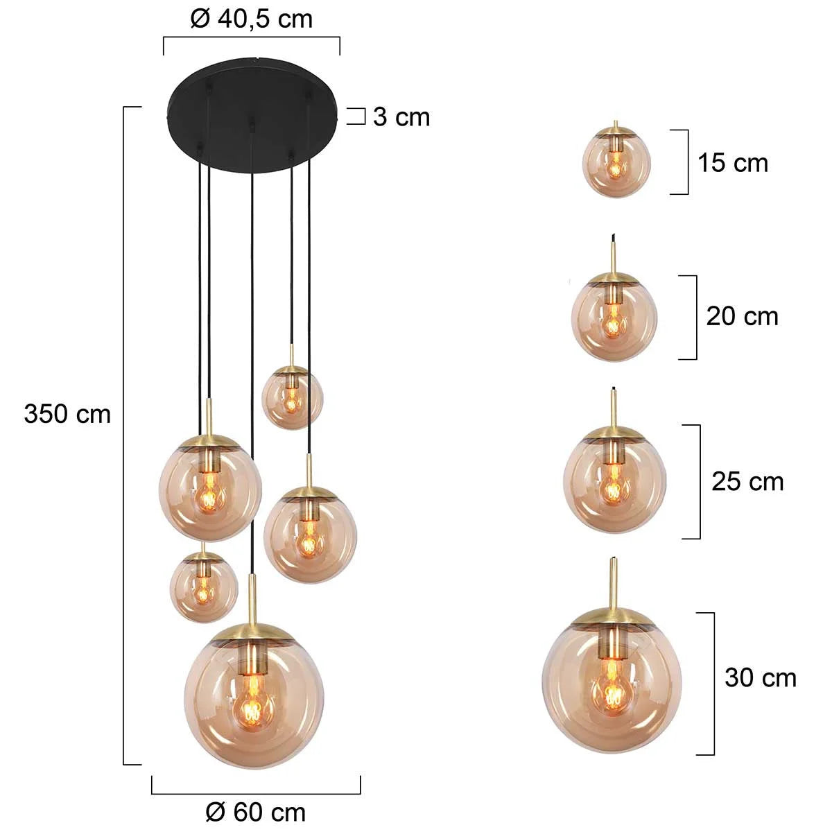 Suspension verre ambré et laiton multiglobes pour hauts plafonds avec 5 lampes