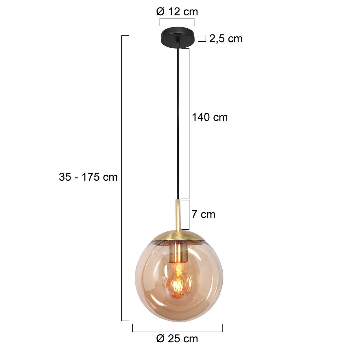 Suspension en verre ambre et métal doré forme sphère de 25 cm de diamètre