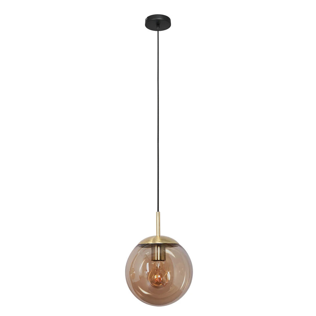 Suspension en verre ambre et métal doré sphérique avec globe fumé, diamètre 30 cm