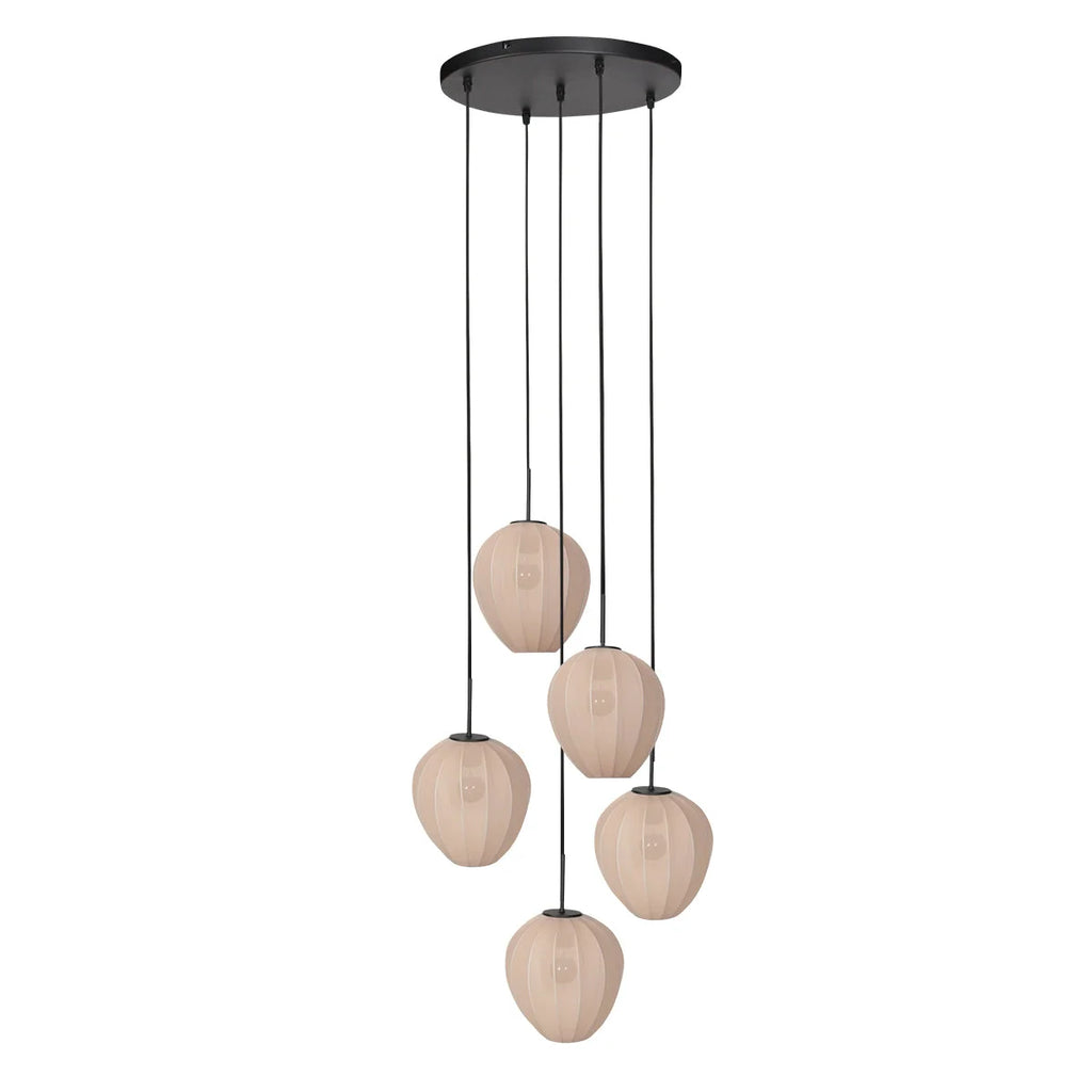 Suspension en verre beige avec cinq abat-jours ovales pour éclairage élégant