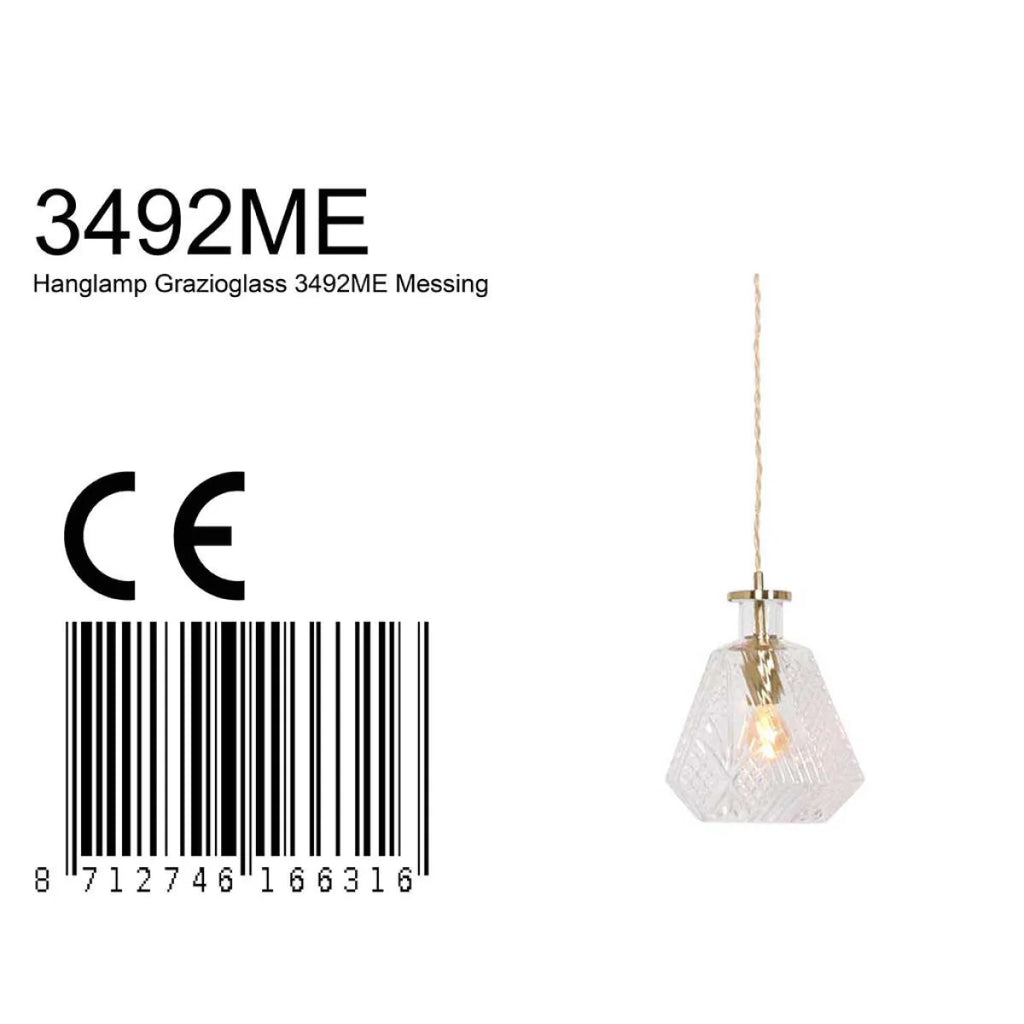 Suspension verre facetté avec surface texturée et accents en laiton doré Ø18 cm