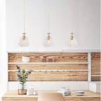 Suspension verre facetté et laiton doré à câble torsadé avec trois luminaires en verre clair