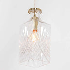 Suspension en verre facetté transparent avec motif en cristal et laiton doré