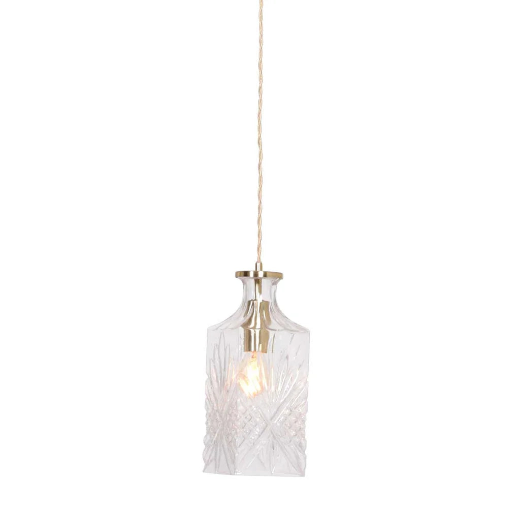 Suspension en verre facetté transparente avec fixation en laiton doré, H23 cm