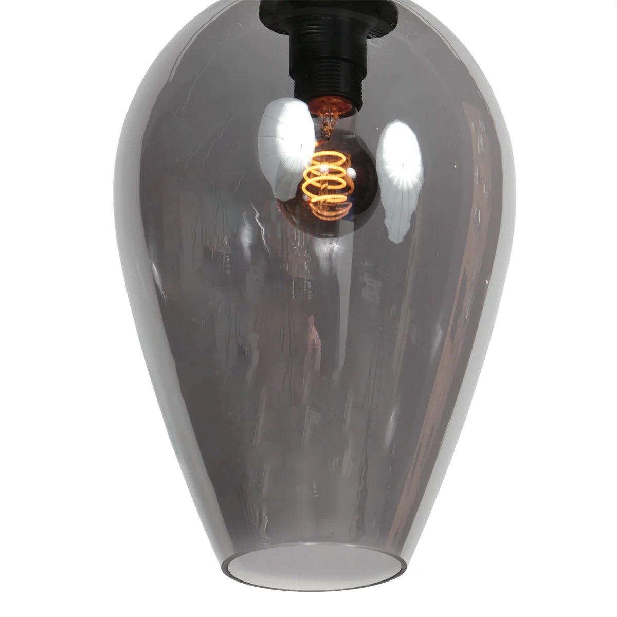 Suspension en verre fumé noir en forme de goutte avec ampoule à filament visible