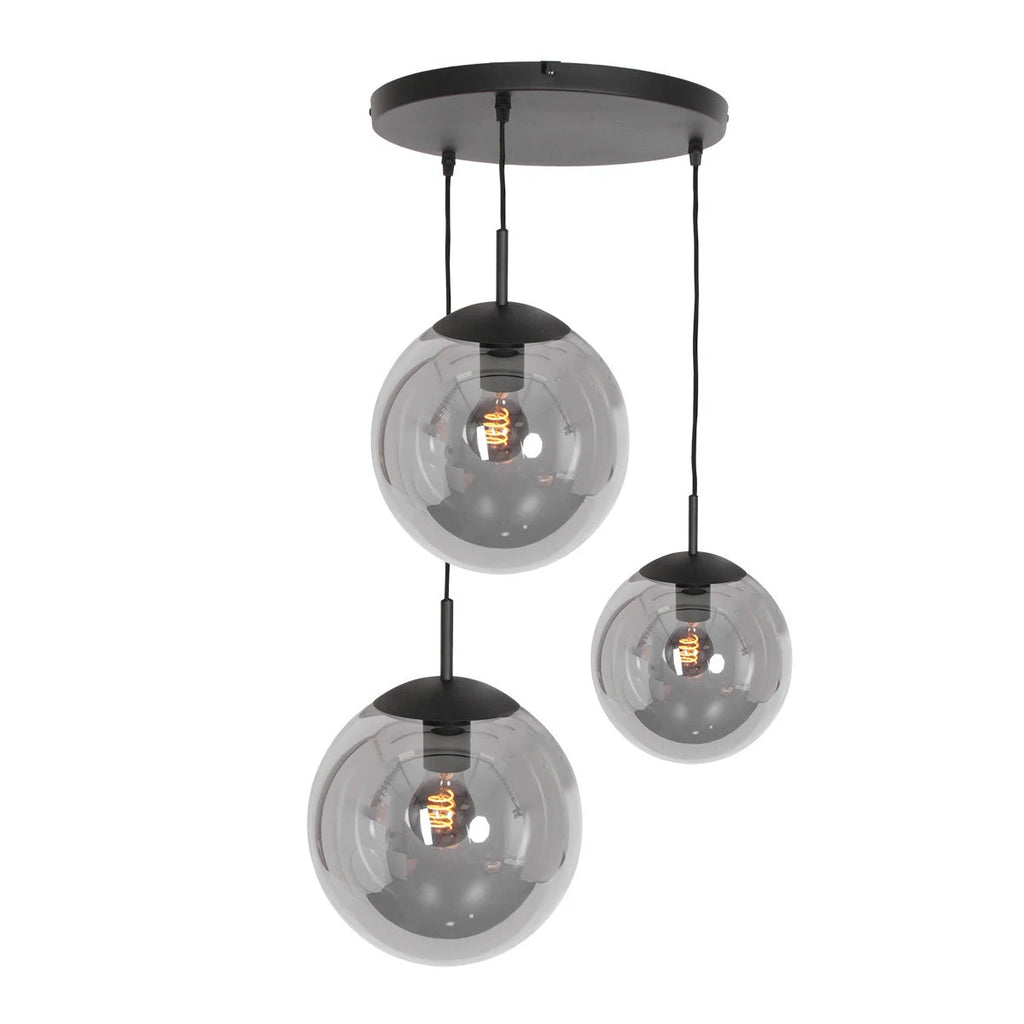 Suspension en verre fumé noir sphérique à 3 globes etamp; Ø35 cm