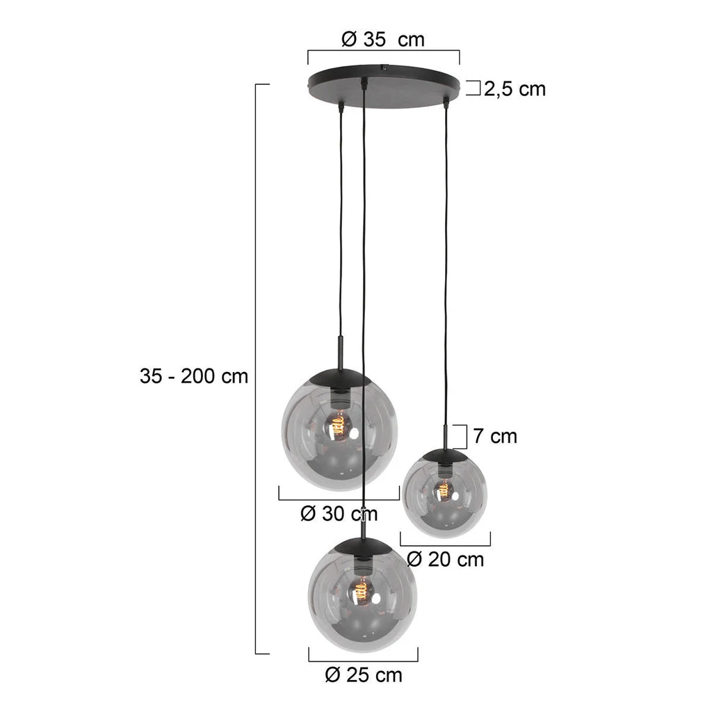 Suspension en verre fumé noir sphérique avec trois globes lumineux de Ø35 cm