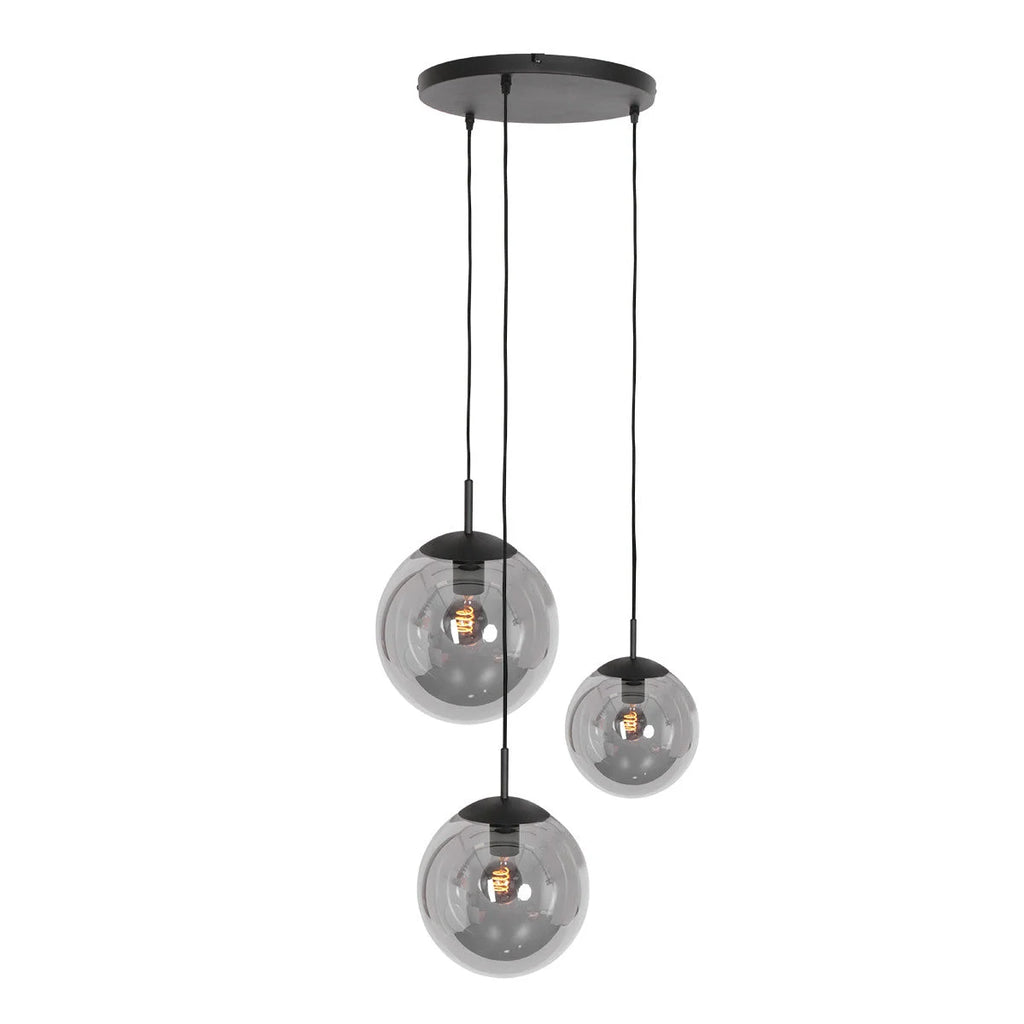 Suspension en verre fumé noir sphérique à 3 globes, éclairage moderne et élégant