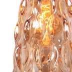 Suspension en verre ondulé ambre et métal noir avec ampoule à filament visible