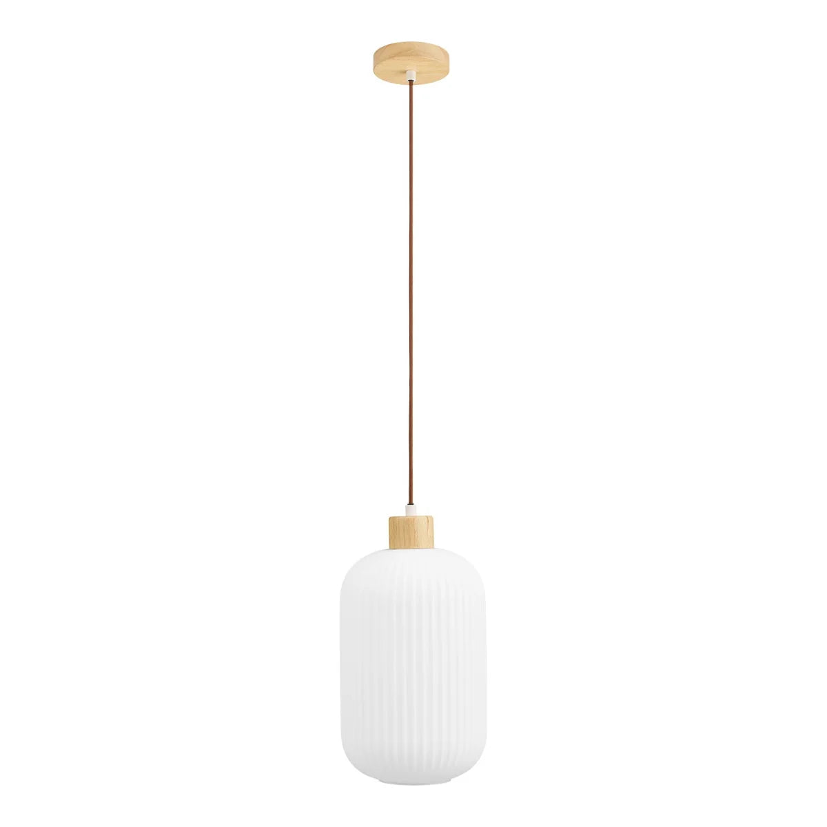 Suspension en verre opalin cannelé avec plafond en bois clair, diamètre 20 cm