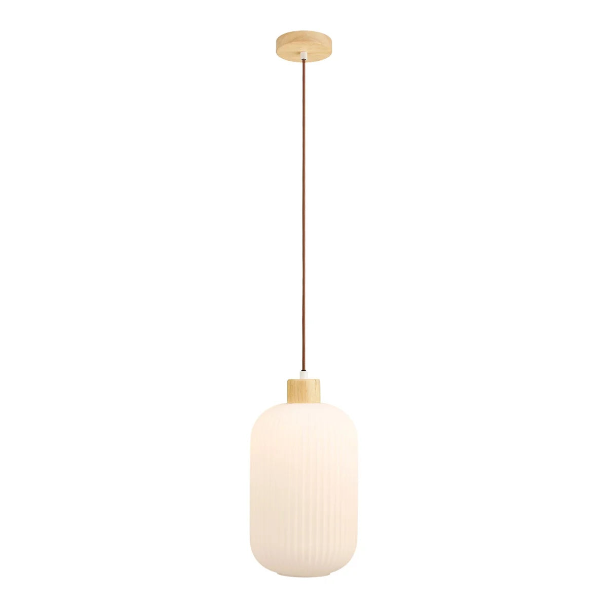 Suspension en verre opalin cannelé avec bois clair, diamètre 20 cm, pour éclairage moderne